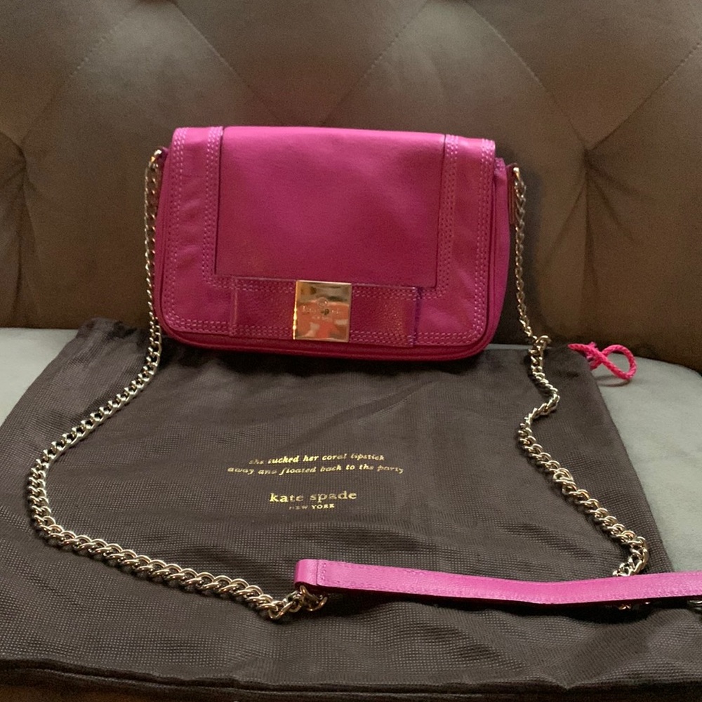 Kate Spade Fuschia Hot Pink Crossbody Purse with Bow and Gold Chain Strap